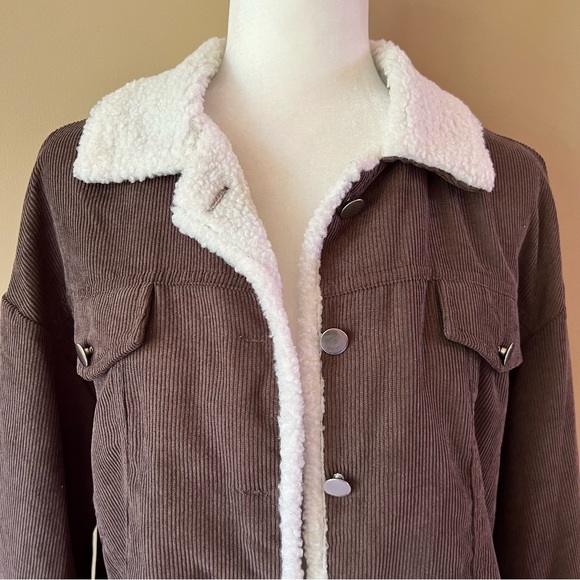 SHEIN Medium Teddy Lined Drop Shoulder Corduroy Jacket Coffee Brown Sherpa - Picture 7 of 8